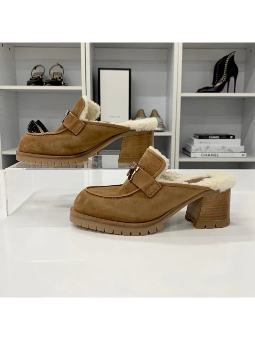 Hermes Suede H Fleece Sandals Brown